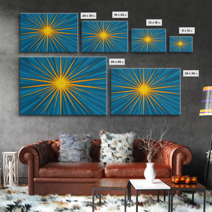 Blue Yellow Pop Art Sunburst Wall Art, Midcentury Modern Decor, Retro Geometric Print, Atomic MCM Living Room Decor Gift