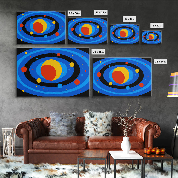 Blue Solar System Planets Wall Art, Midcentury Modern Art Print, Retro Space Poster, Colorful Kids Room Galaxy Decor Gift
