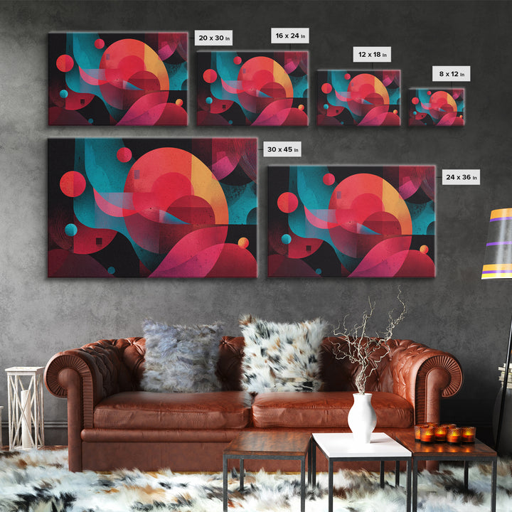 Red Teal Abstract Circles Wall Art, Midcentury Modern Abstract Art, Geometric Canvas Print, Bold MCM Living Room Decor Gift