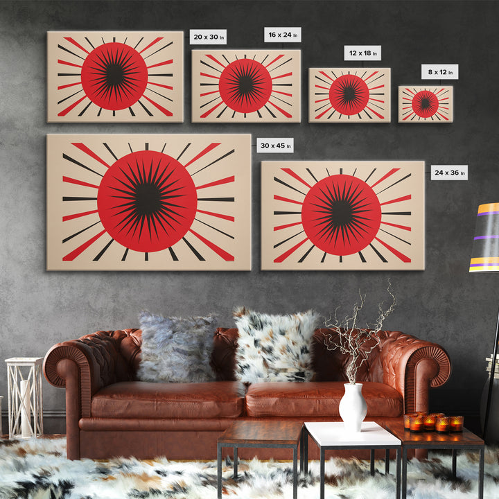 Red Black Atomic Sun Wall Art, Midcentury Modern Decor, Retro Geometric Print, Starburst MCM Office Decor Canvas Print Gift
