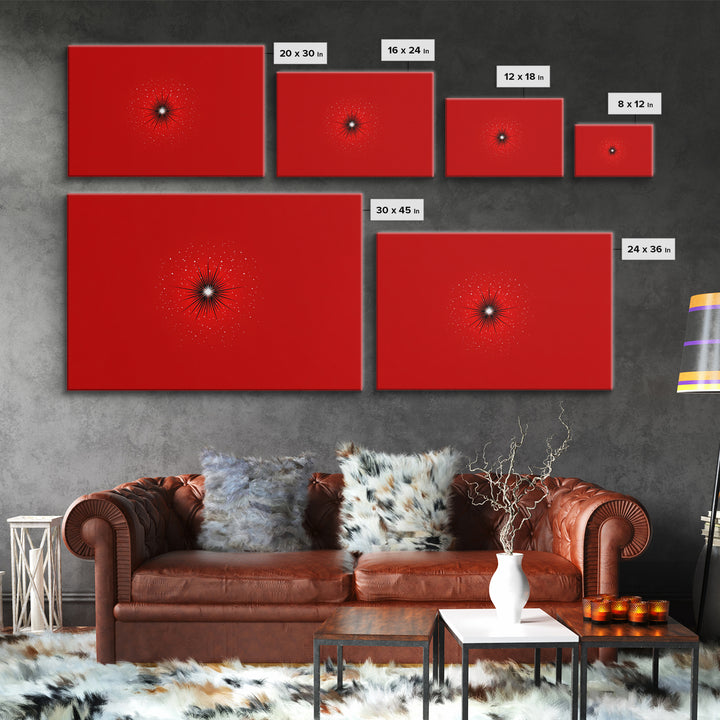 Minimal Red Starburst Wall Art, Modern Abstract Art Print, Retro Space Poster, Black White Spark Decor, Bold MCM Home Decor Gift