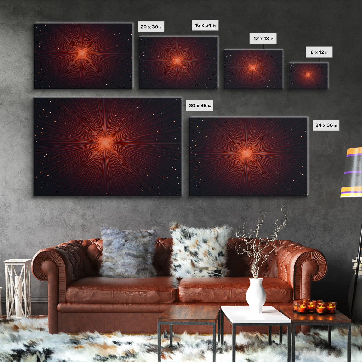 Radiant Red Starburst Light Rays In Black Space Canvas Print, Retro Futuristic Wall Decor, Modern Abstract Art For Living Room