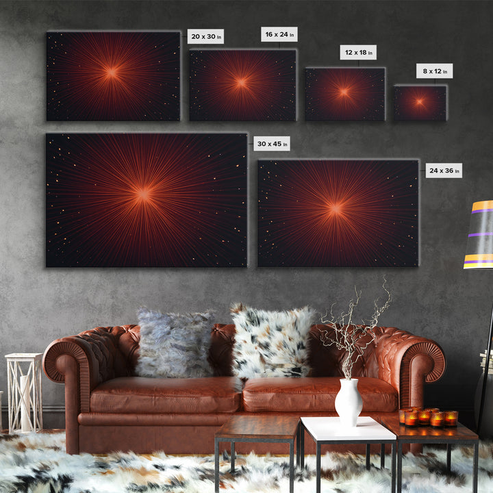 Radiant Red Starburst Light Rays In Black Space Canvas Print, Retro Futuristic Wall Decor, Modern Abstract Art For Living Room