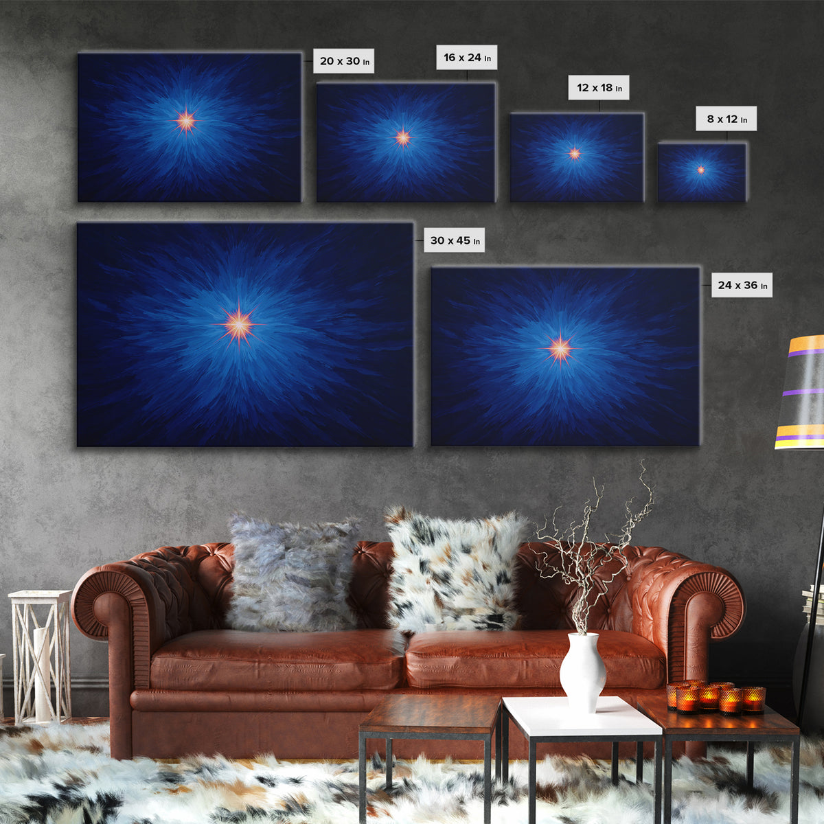 Electric Blue Cosmic Burst With Orange Star Center Canvas Print, Modern Abstract Art, Space Wall Decor For Bedroom And Office