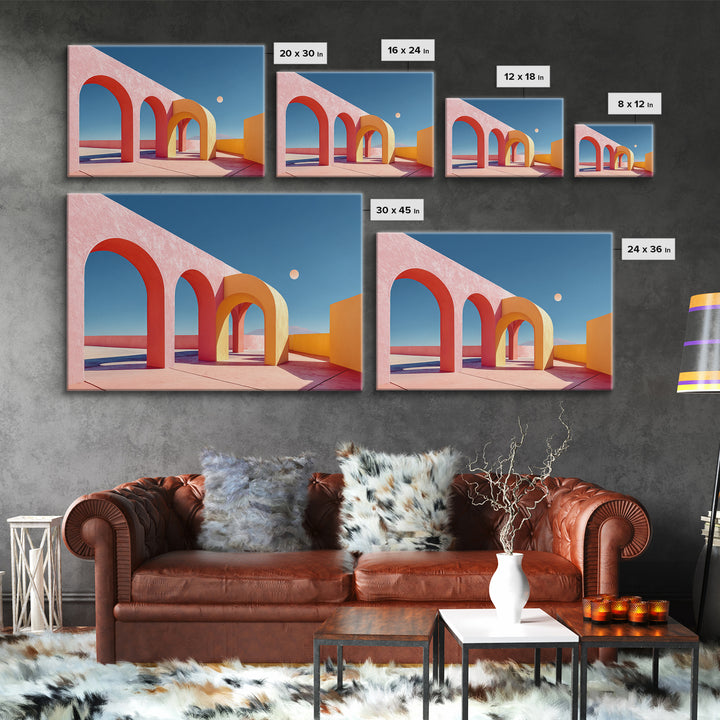 Pink Desert Arches With Orange Moon Framed Canvas Print, Midcentury Modern Wall Art, Architectural Decor For Living Room
