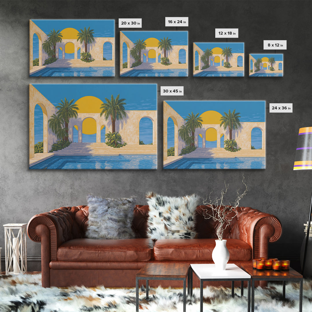 Tropical Palm Pool With Sunlit Arches Canvas Print, Palm Springs Wall Art, Midcentury Modern Decor For Beach House Patio