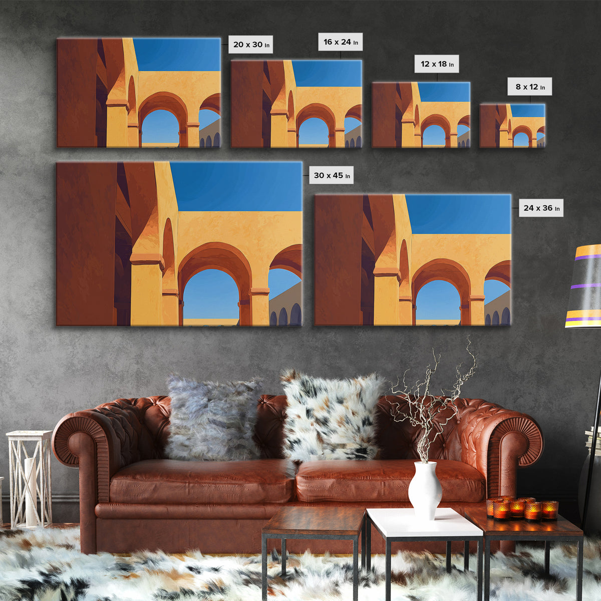 Golden Arches And Blue Sky Shadows Wall Art, Mediterranean Architectural Print, Modern Home Decor For Entryway And Office