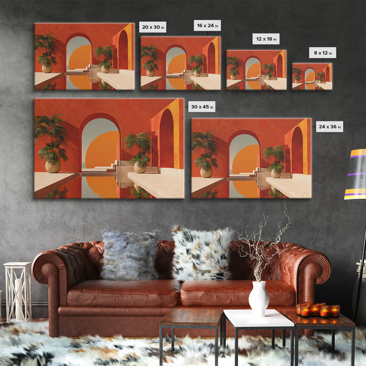 Terracotta Courtyard With Palms And Reflecting Pool Canvas Print, Modern Wall Art, Southwestern Decor For Living Room And Entry