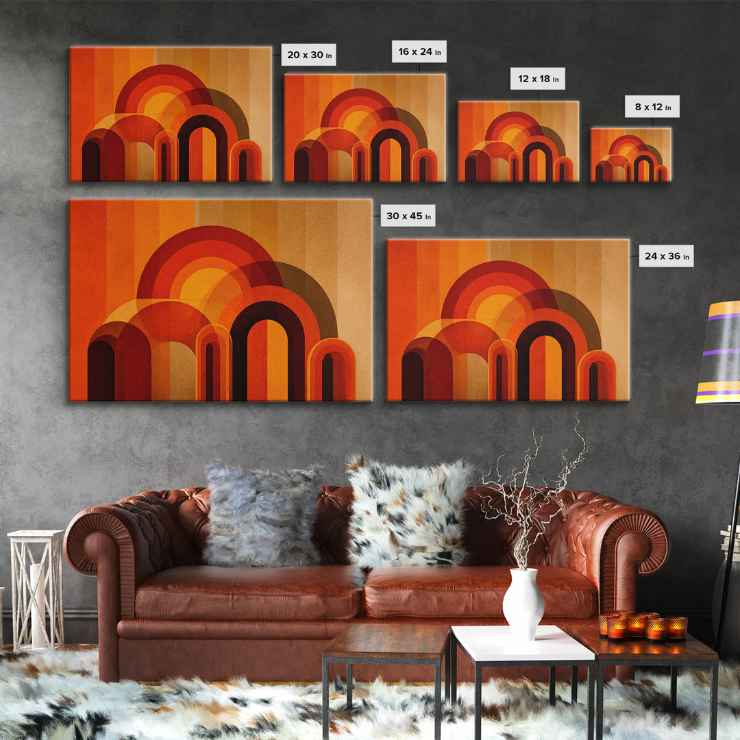 Retro Orange Abstract Arches And Circles Wall Art, Midcentury Modern Geometric Print, Bold 70s Decor For Living Room And Office