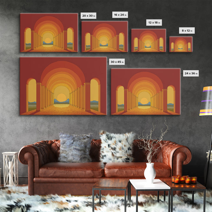 Sunset Arcade Colonnade In Orange Desert Wall Art, Midcentury Modern Architectural Print, Retro Home Decor For Hallway And Entryway