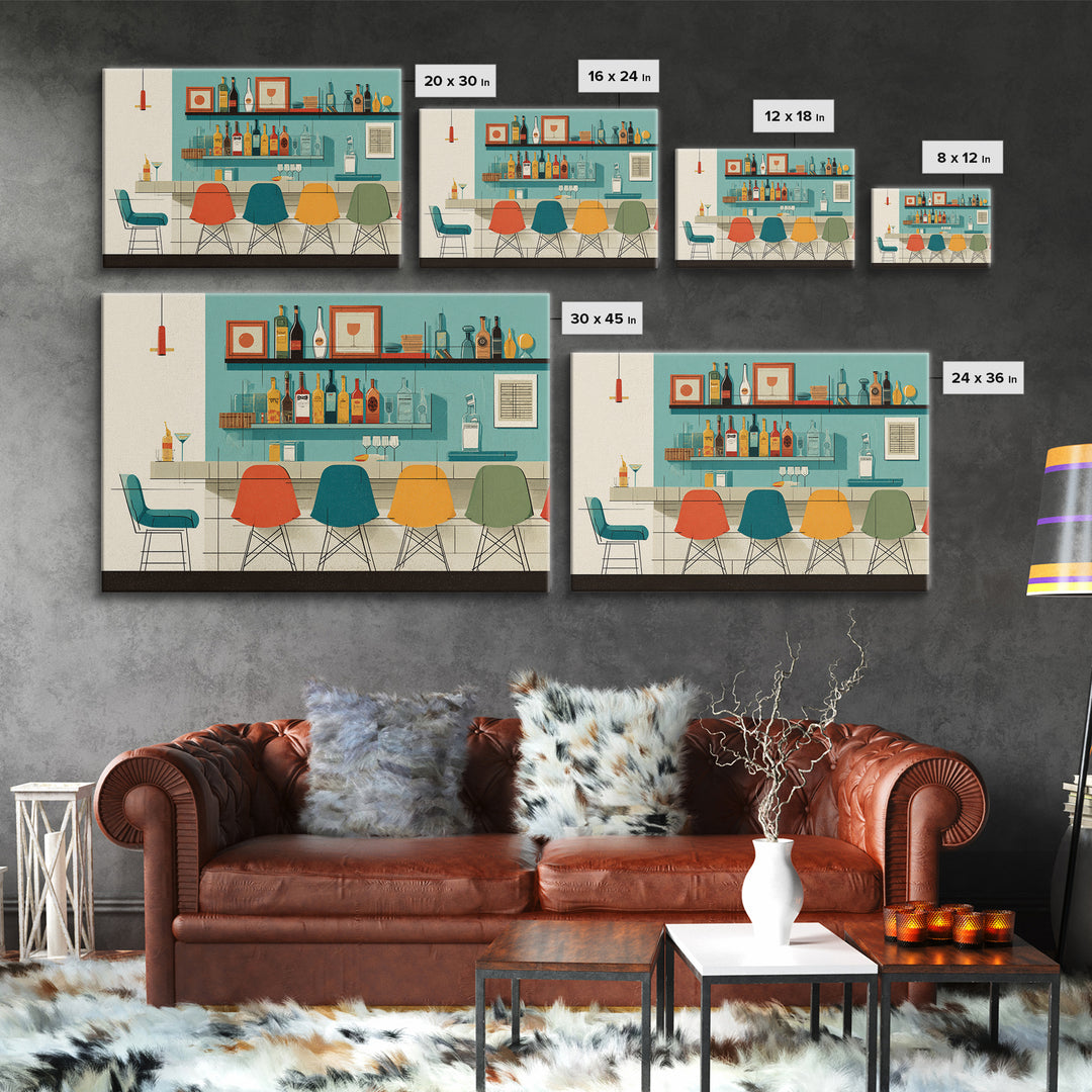 Minimal Cocktail Lounge With Color Chairs Wall Art, Midcentury Modern Art Print, Retro Bar Poster, MCM Kitchen Decor, Cafe Wall Art