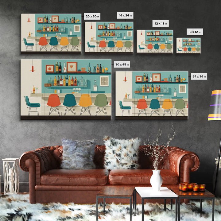 Minimal Cocktail Lounge With Color Chairs Wall Art, Midcentury Modern Art Print, Retro Bar Poster, MCM Kitchen Decor, Cafe Wall Art