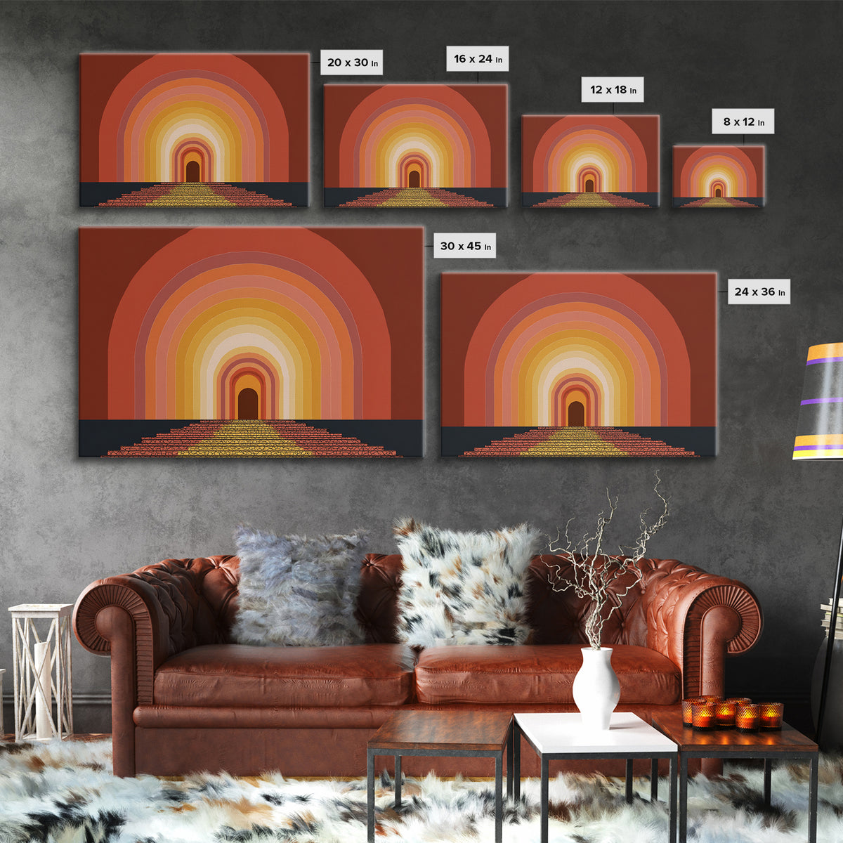 Rainbow Tunnel Arches With Stairway To Light Framed Canvas Print, Retro Wall Art, 70s Geometric Decor For Living Room And Office