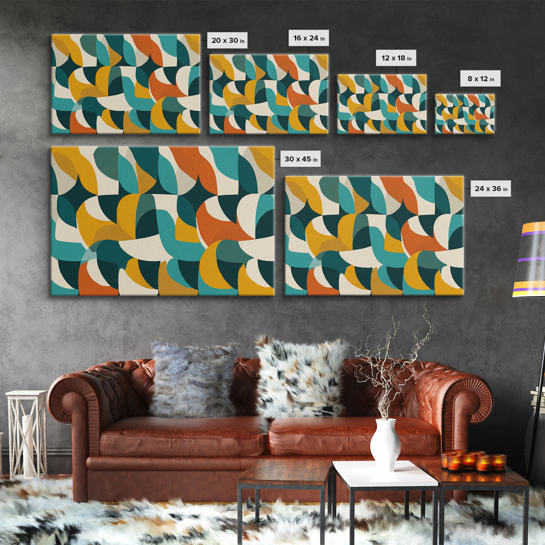 Cream Teal Orange Curved Geometry Wall Art, Midcentury Modern Print, Retro Abstract Decor, Bauhaus Inspired Living Room Poster