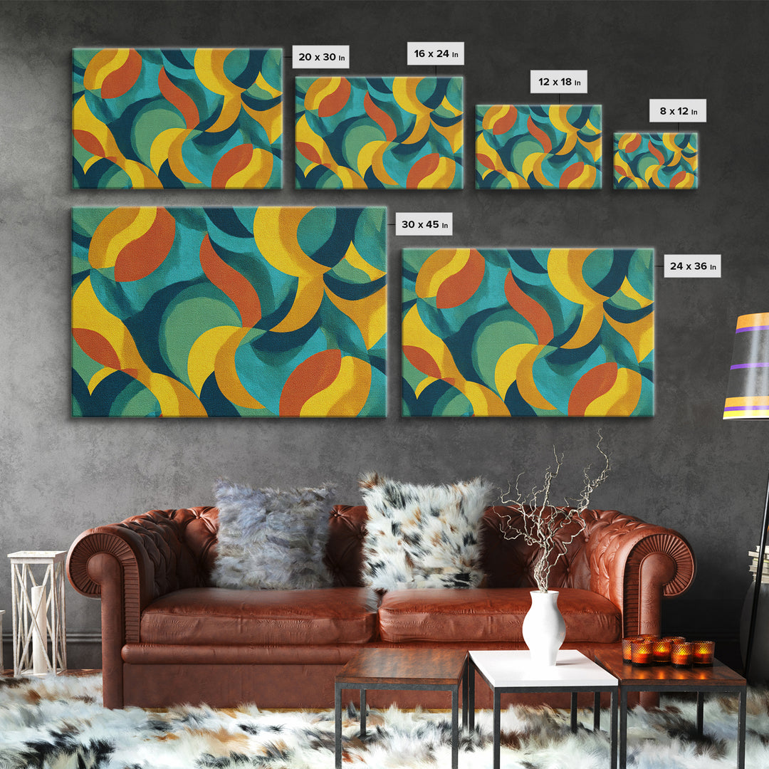 Teal Yellow Rust Crescent Shapes Framed Canvas Print, Midcentury Modern Art, Retro Geometric Wall Decor, Colorful Home Poster