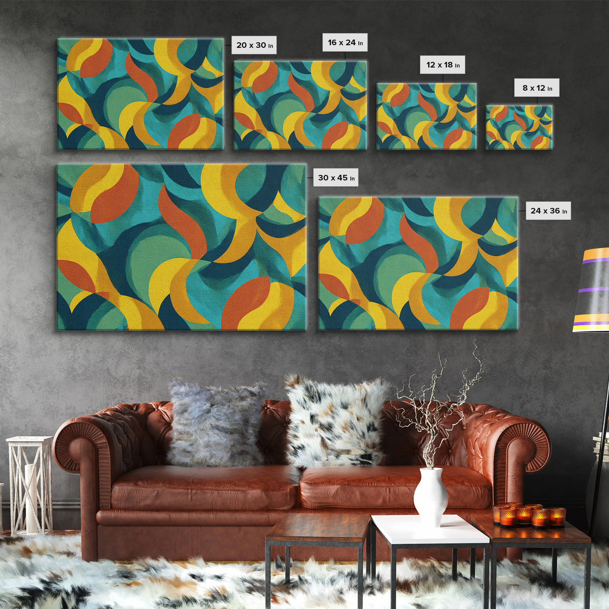 Teal Yellow Rust Crescent Shapes Framed Canvas Print, Midcentury Modern Art, Retro Geometric Wall Decor, Colorful Home Poster