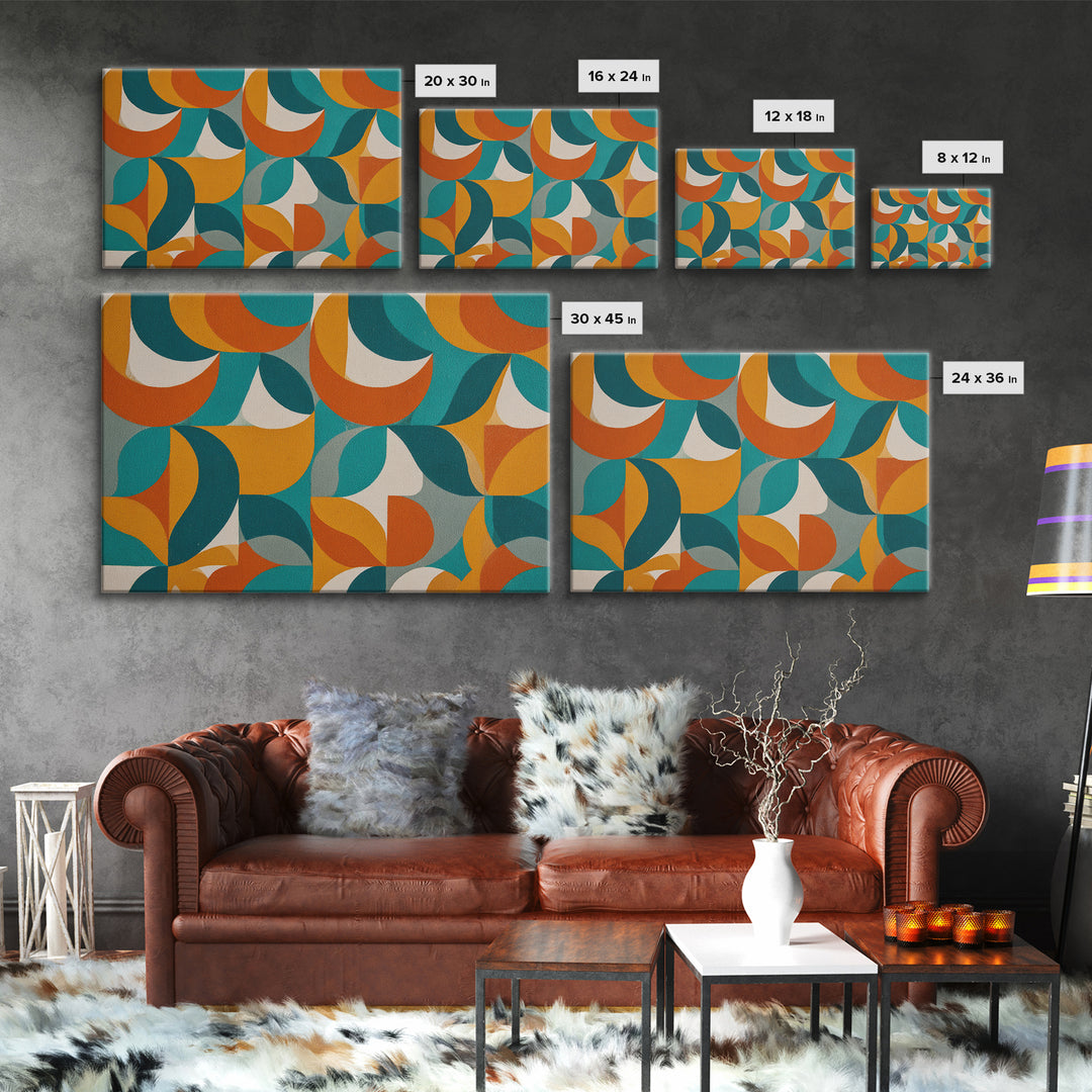 Orange Teal Mustard Circle Tiles Canvas Print, Midcentury Modern Wall Art, Retro MCM Decor, Geometric Abstract Living Room Poster