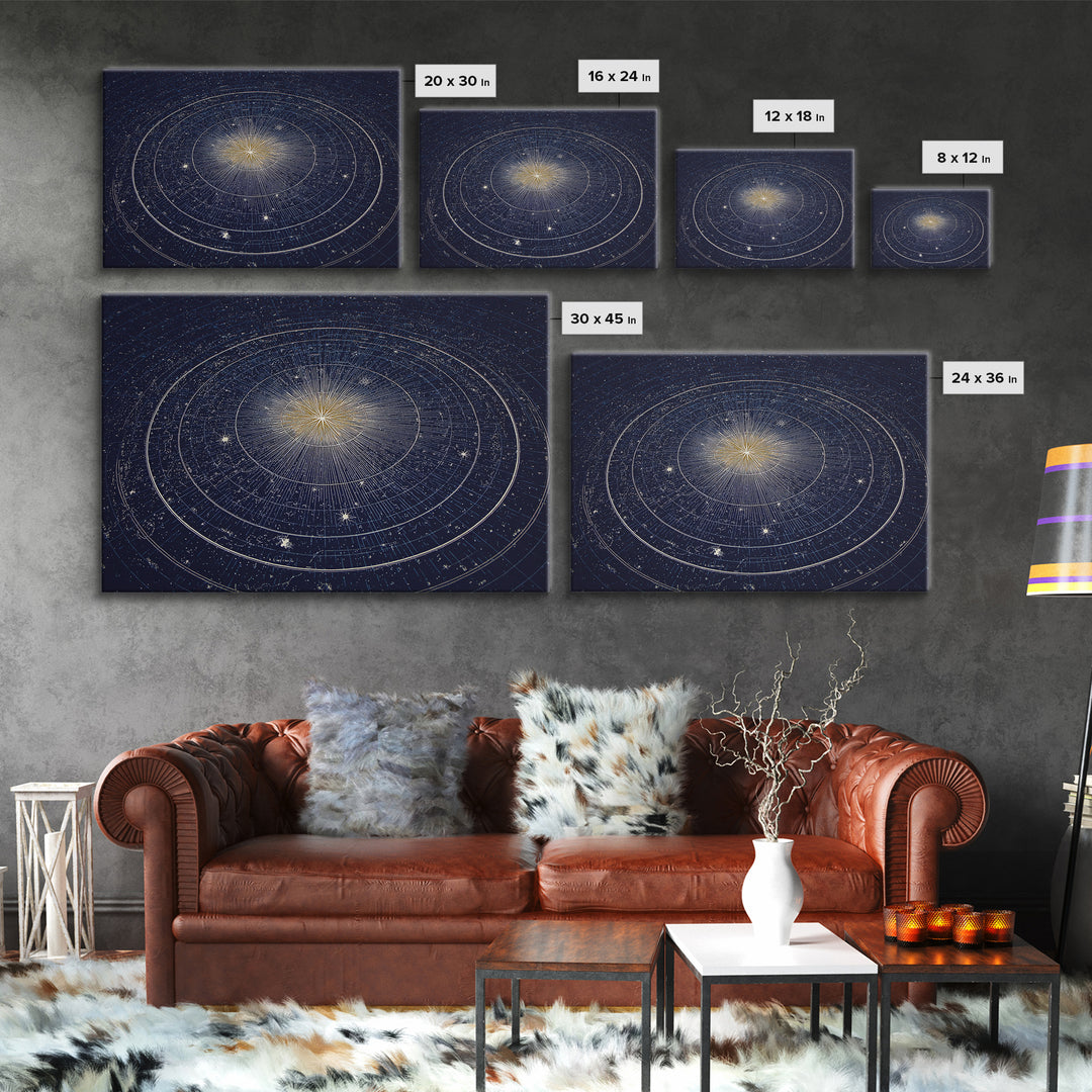 Navy Gold Celestial Compass Framed Canvas Print, Star Map Wall Art, Modern Cosmic Decor, Astronomy Home Office Poster Gift