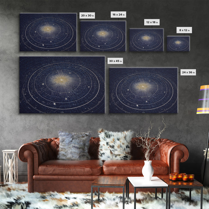 Navy Gold Celestial Compass Framed Canvas Print, Star Map Wall Art, Modern Cosmic Decor, Astronomy Home Office Poster Gift