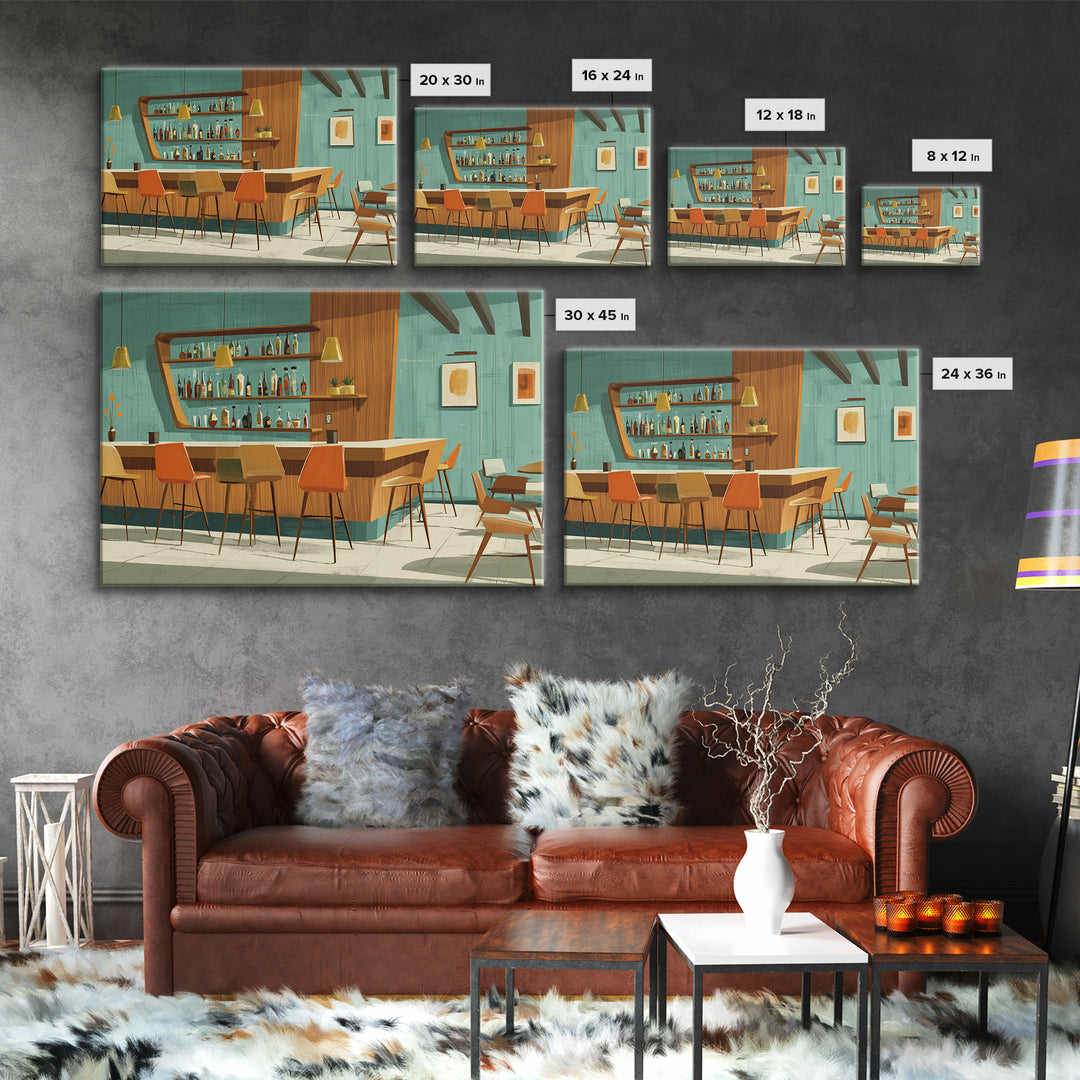 Wood And Teal Modernist Lounge Bar Wall Art, Midcentury Modern Canvas Print, Retro Cocktail Poster, Scandinavian Decor, MCM Decor
