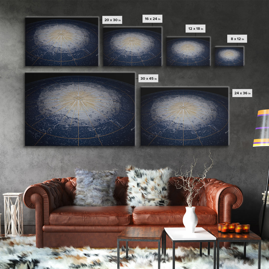 Blue Gold Radiant Star Map Canvas Print, Celestial Compass Wall Art, Modern Cosmic Decor, Astronomy Living Room Poster Gift