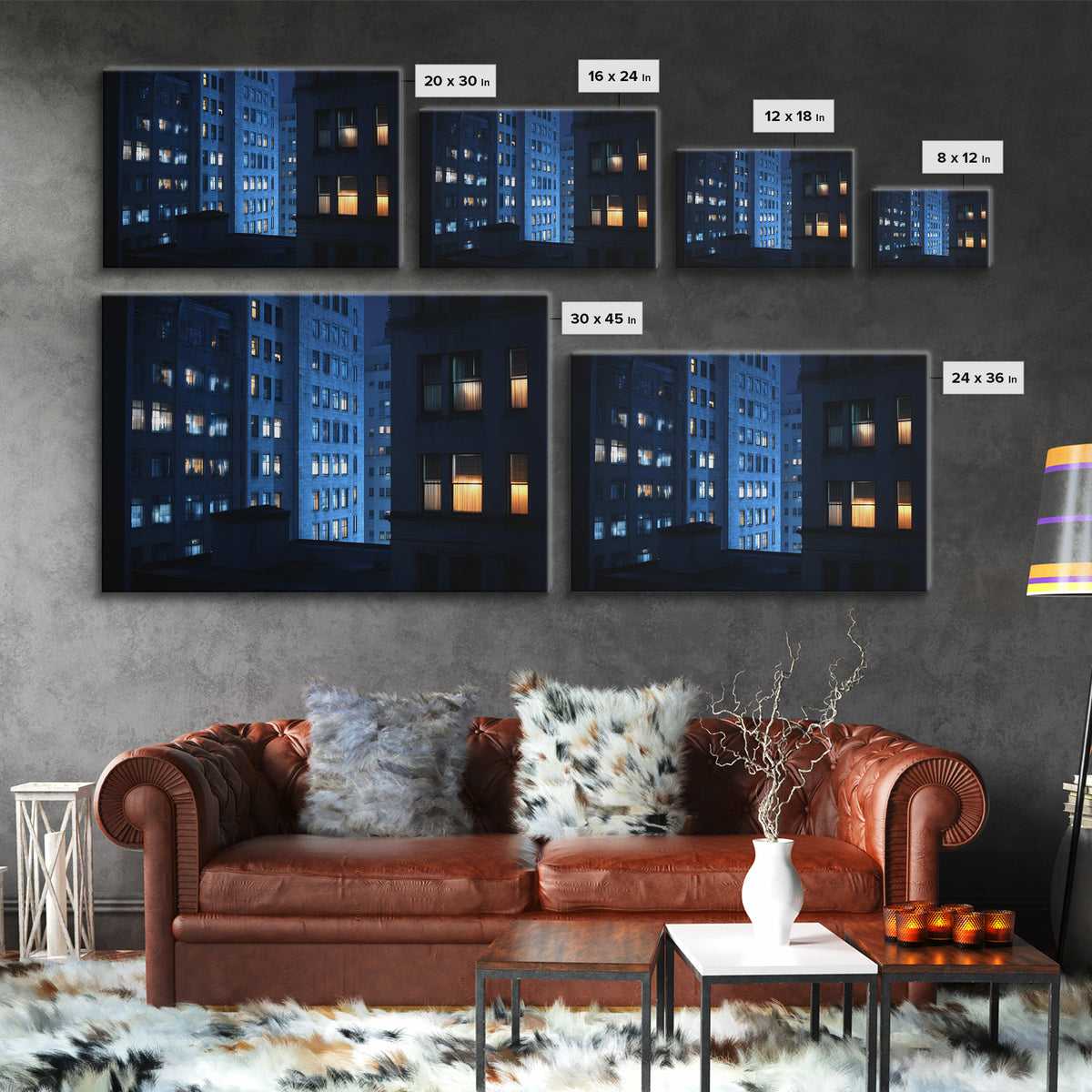 Blue City Apartment Windows Wall Art, Urban Night Photography Print, Modern Wall Decor, Bedroom Art, Home Office Decor, Blue Art