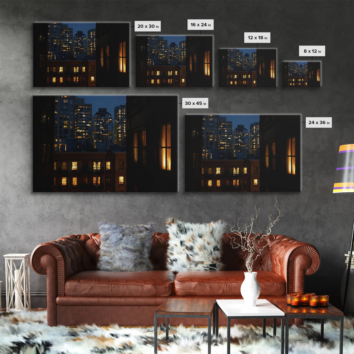 Warm Lit City Windows Wall Art, Urban Night Photography Print, Modern Home Decor, Apartment Decor, Living Room Art, Blue Art