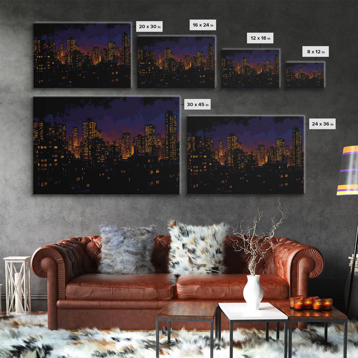 Purple City Skyline At Dusk Canvas Print, Urban Night Poster, Modern Wall Art, Retro Decor, Living Room Decor, Blue Art, Wall Decor