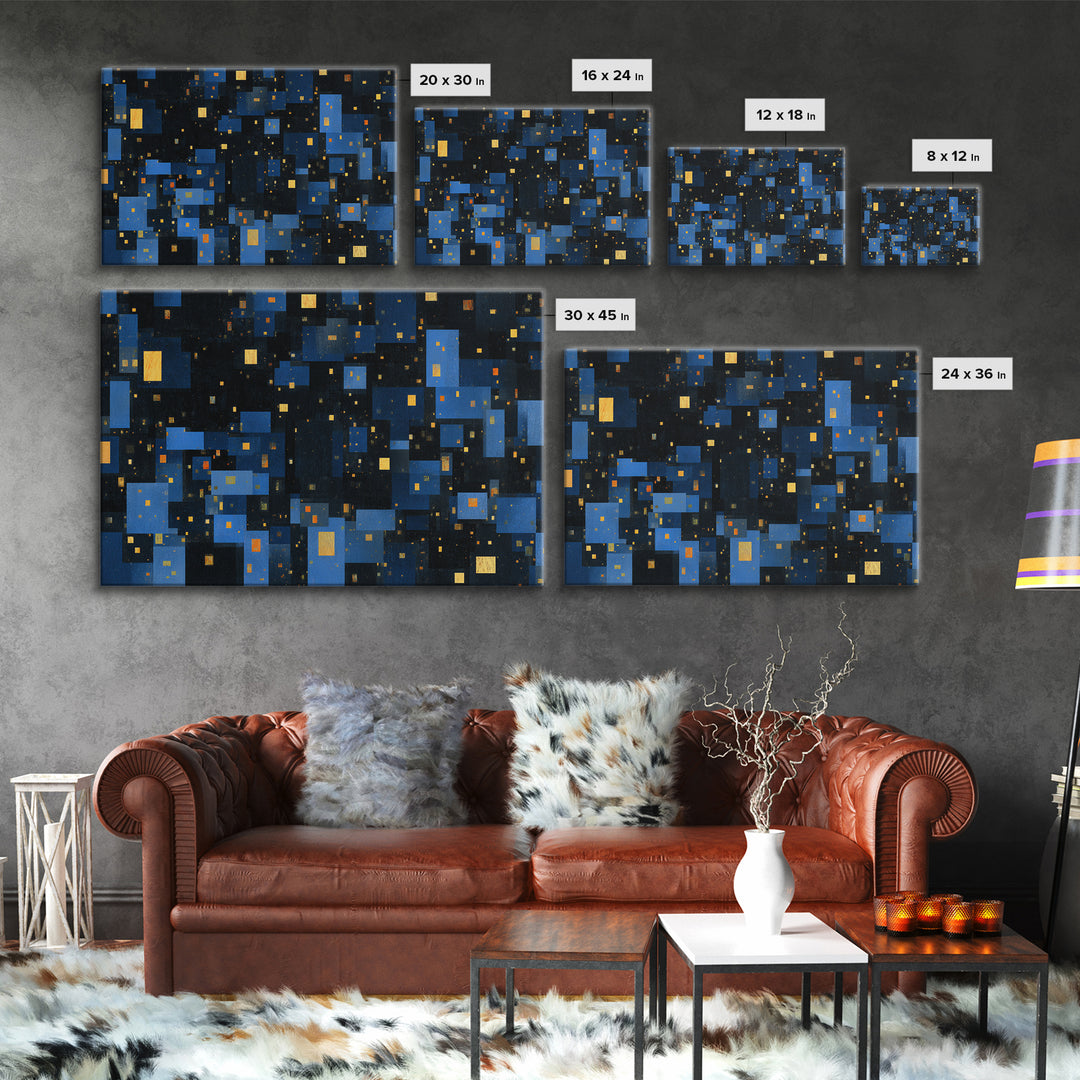 Abstract Blue City Blocks Wall Art, Geometric Night Skyline Print, Modern Abstract Art, MCM Wall Art, Office Decor, Blue Art