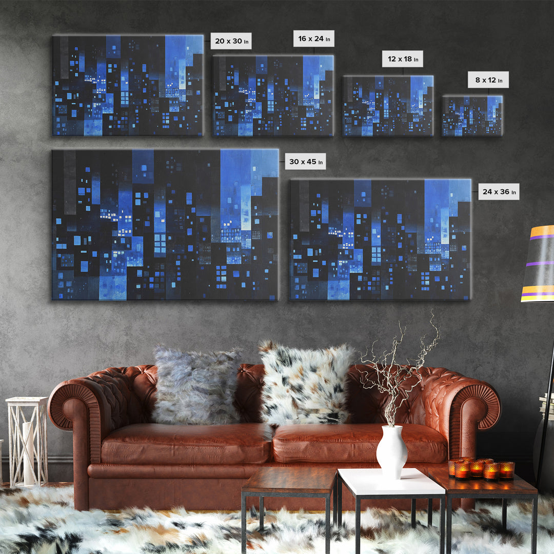 Moody Blue Abstract City Wall Art, Geometric Skyline Canvas Print, Modern Wall Decor, Office Decor, Living Room Art, Blue Art