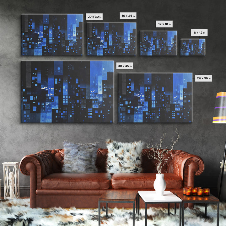 Moody Blue Abstract City Wall Art, Geometric Skyline Canvas Print, Modern Wall Decor, Office Decor, Living Room Art, Blue Art