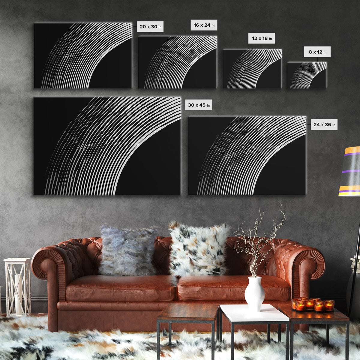 Black And White Concentric Arc Lines Wall Art, Minimalist Abstract Print, Modern Geometric Decor, Office Wall Decor, MCM Home Decor