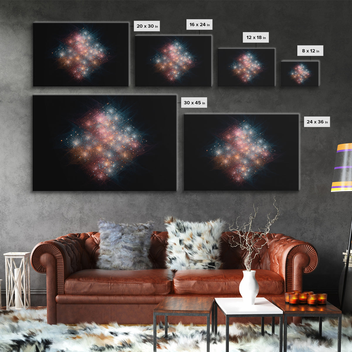 Glowing Cosmic Nebula Particle Cluster Framed Canvas Print, Space Abstract Art, Modern Wall Art, Galaxy Decor, Statement Piece