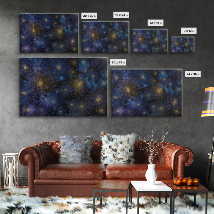 Blue Gold Cosmic Starburst Fireworks Canvas Print, Modern Abstract Art, Space Wall Art, Dark Navy Office Decor, Giclee Print