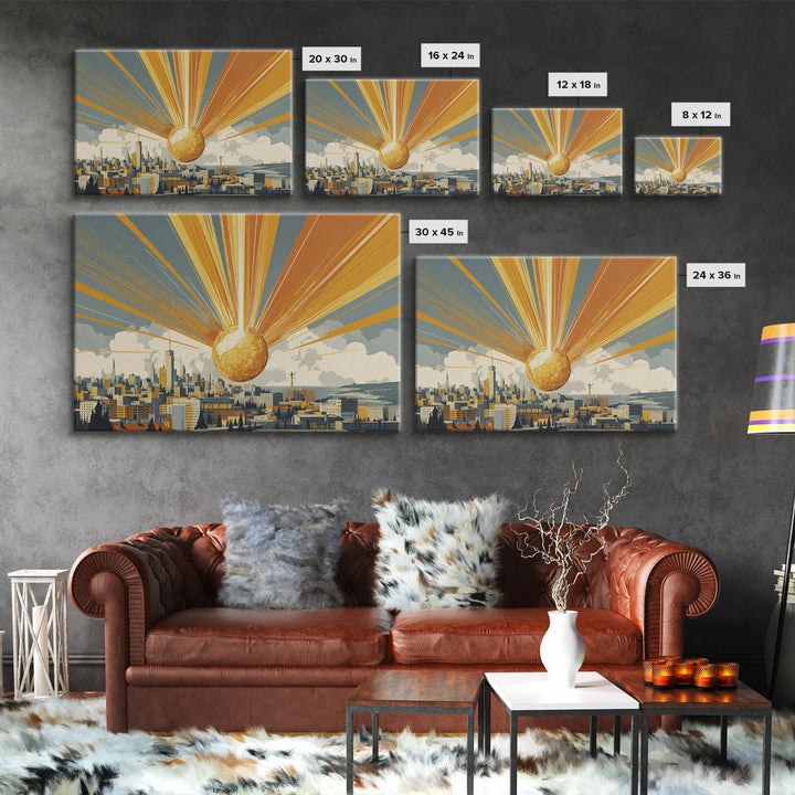 Golden Sphere Over Retro City Skyline Framed Canvas Print, Sunburst Wall Art, Midcentury Modern Decor, Futuristic Poster