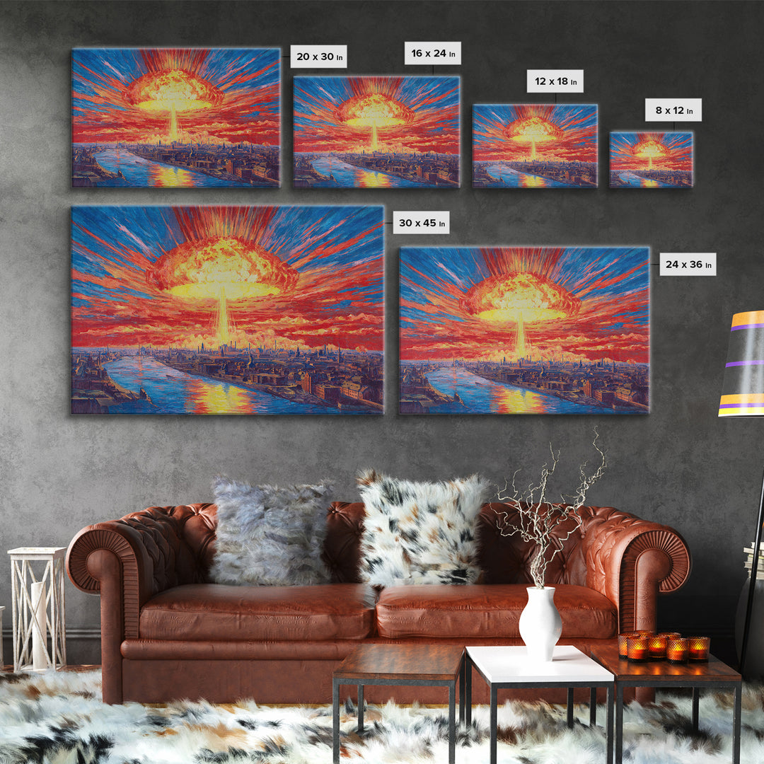 Apocalyptic Sunburst City Skyline Over River Wall Art, Sci Fi Retro Poster, Dramatic Modern Art Print For Living Room Decor