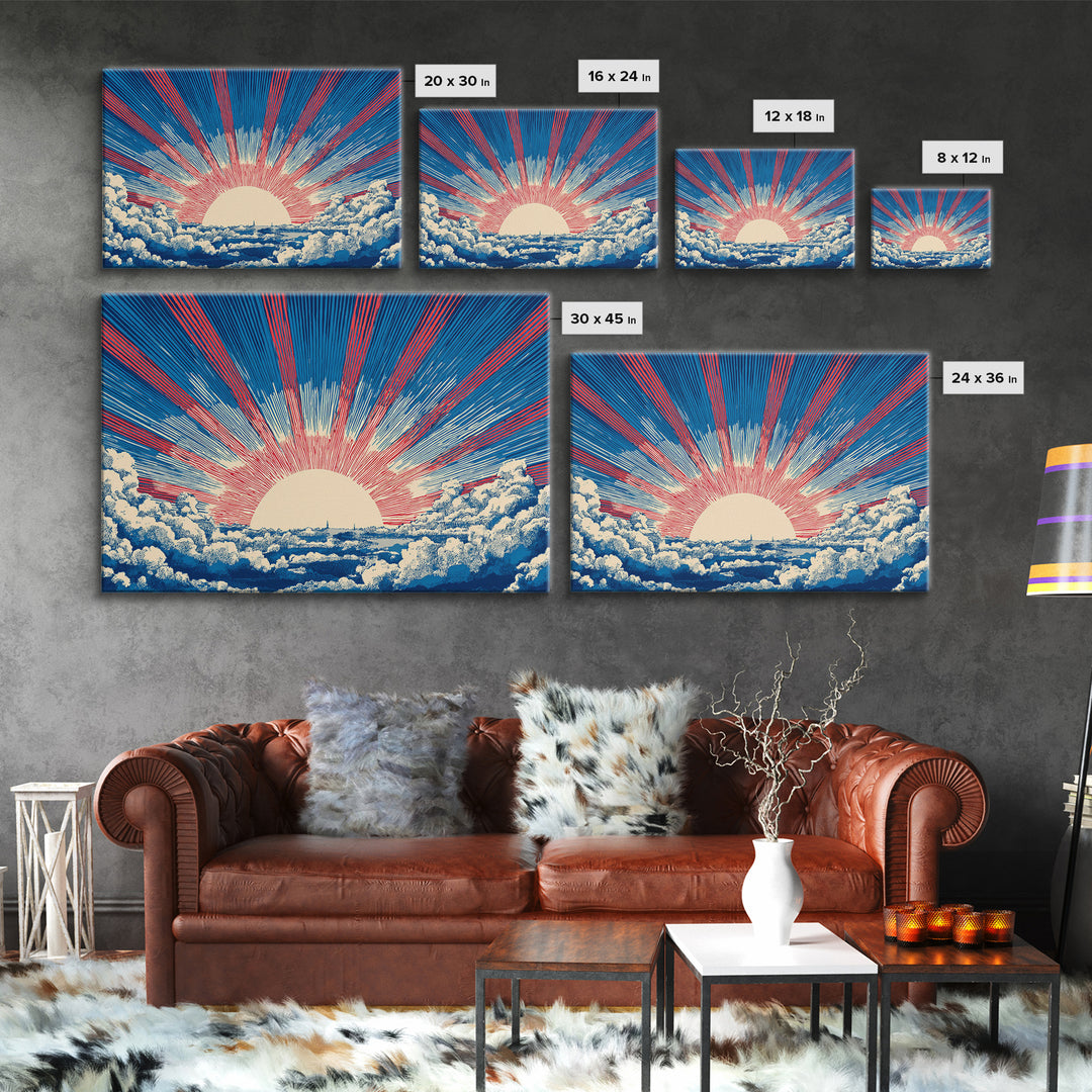 Radiant Sun Above Cloud Sea Canvas Print, Midcentury Modern Art, Retro Sun Poster, Blue Red Rays For Bedroom Wall Decor Prints