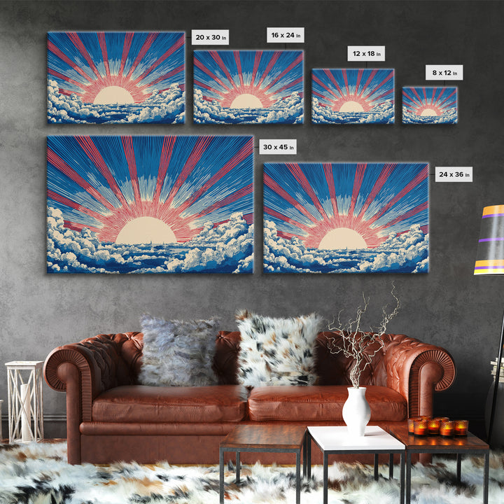 Radiant Sun Above Cloud Sea Canvas Print, Midcentury Modern Art, Retro Sun Poster, Blue Red Rays For Bedroom Wall Decor Prints