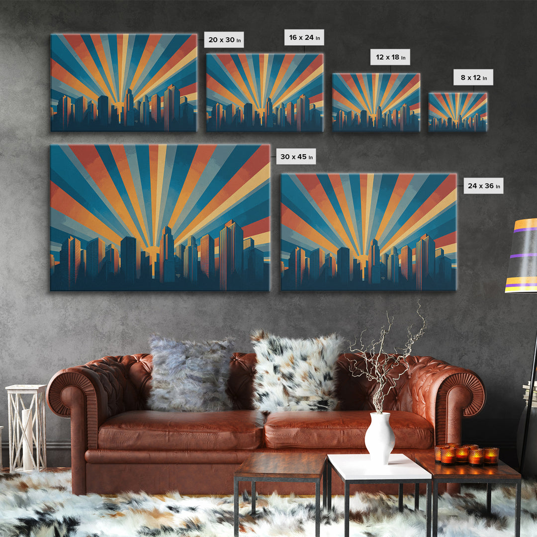 Retro City Skyline Sunrise Rays Wall Art, Midcentury Modern Poster, Urban Modern Art Print For Office And Living Room Decor