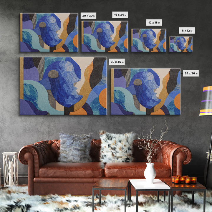 Cubist Blue Profile Face Abstract Wall Art, Modern Contemporary Collage Print, Geometric MCM Artwork For Bedroom Decor Gift