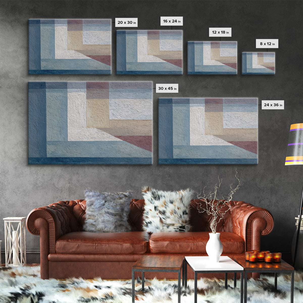 Muted Blue Beige Geometric Blocks Framed Canvas Print, Minimalist Modern Abstract Art, Neutral Wall Decor For Living Room