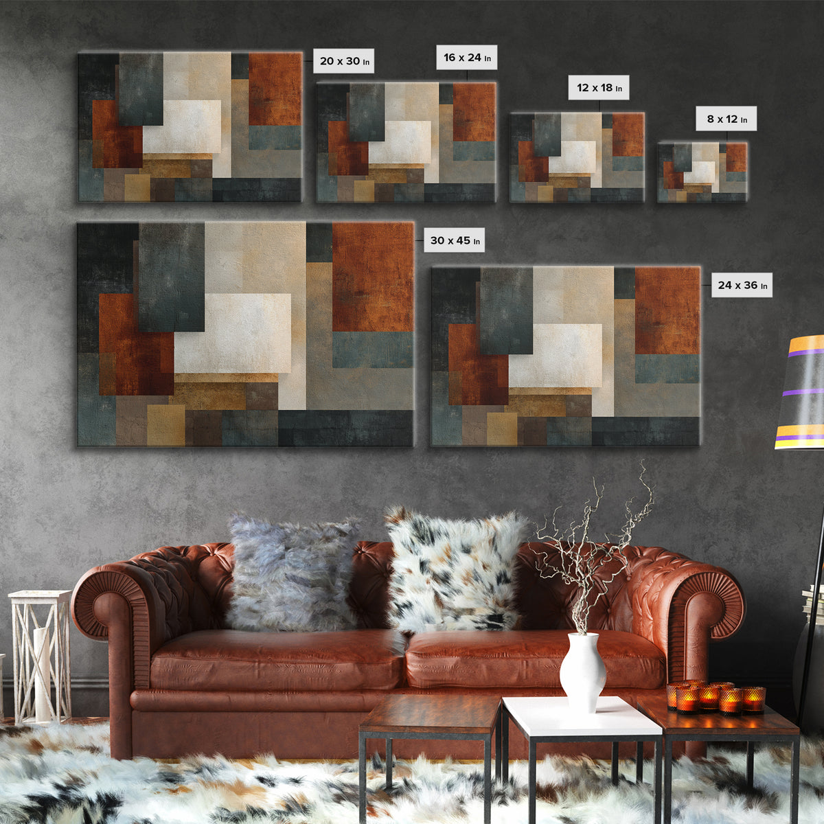 Textured Geometric Blocks In Rust Blue And Cream Wall Art, Midcentury Modern Abstract Art Print, MCM Living Room Decor Gift