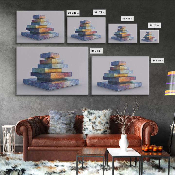 Stacked Iridescent Geometric Sculpture Canvas Print, Modern Abstract Art, Midcentury Decor, Colorful MCM Statement Piece