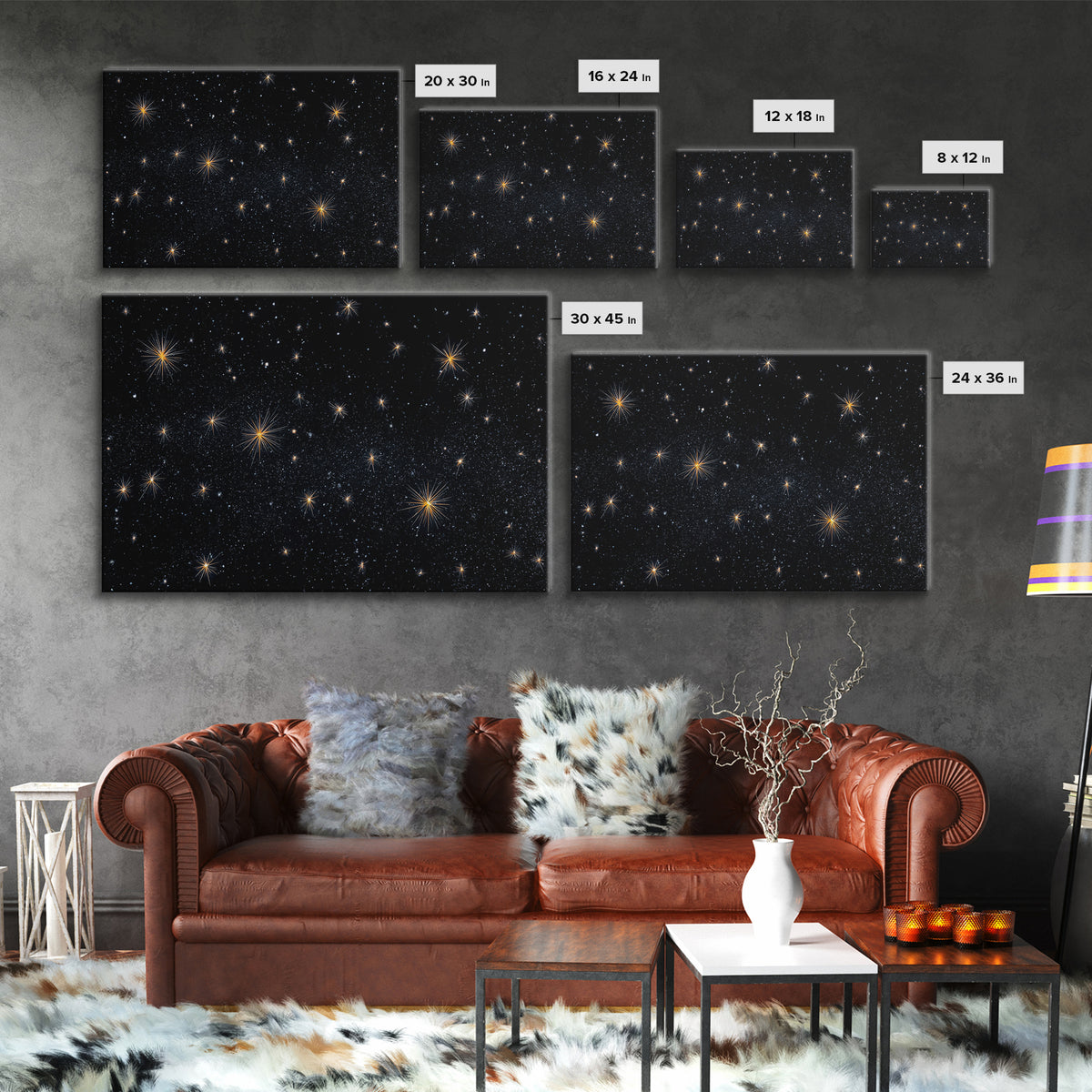 Black Night Sky With Golden Starbursts Wall Art, Cosmic Retro Art Print, Space Abstract Art, Modern Wall Decor, Bedroom Art Prints