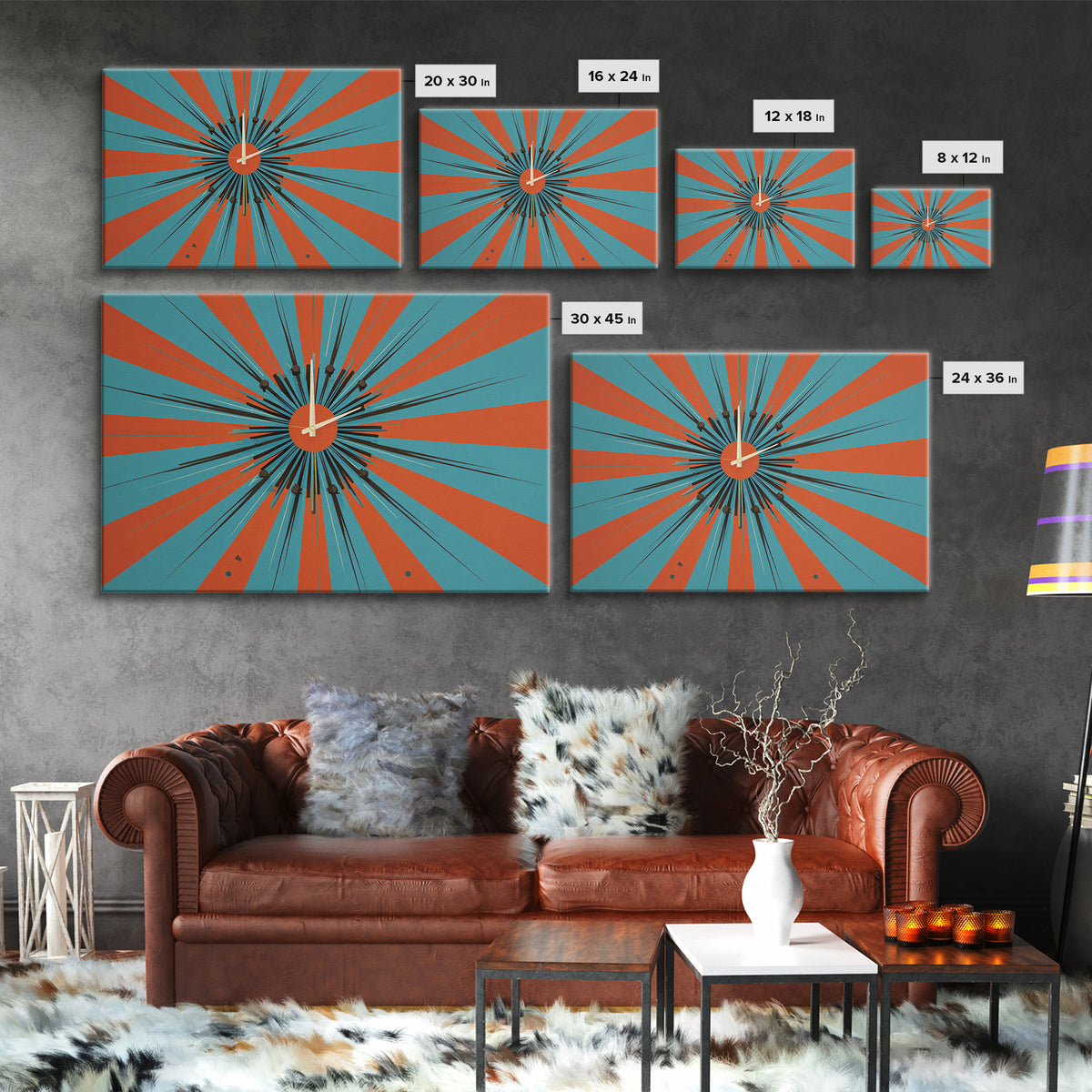 Orange Teal Atomic Starburst Framed Canvas Print, Midcentury Modern Wall Art, Retro Geometric Poster, MCM Decor, Living Room Art