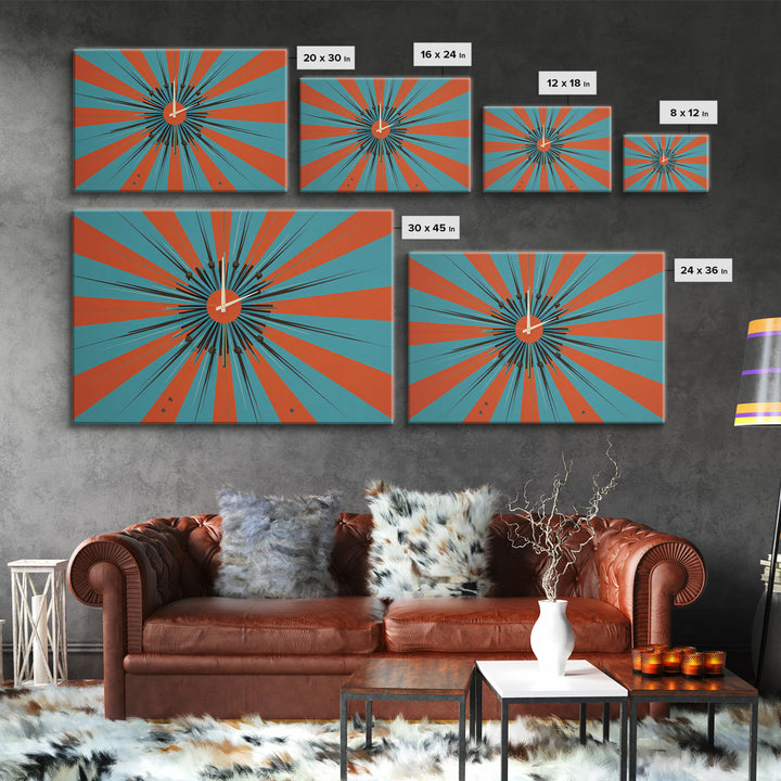 Orange Teal Atomic Starburst Framed Canvas Print, Midcentury Modern Wall Art, Retro Geometric Poster, MCM Decor, Living Room Art
