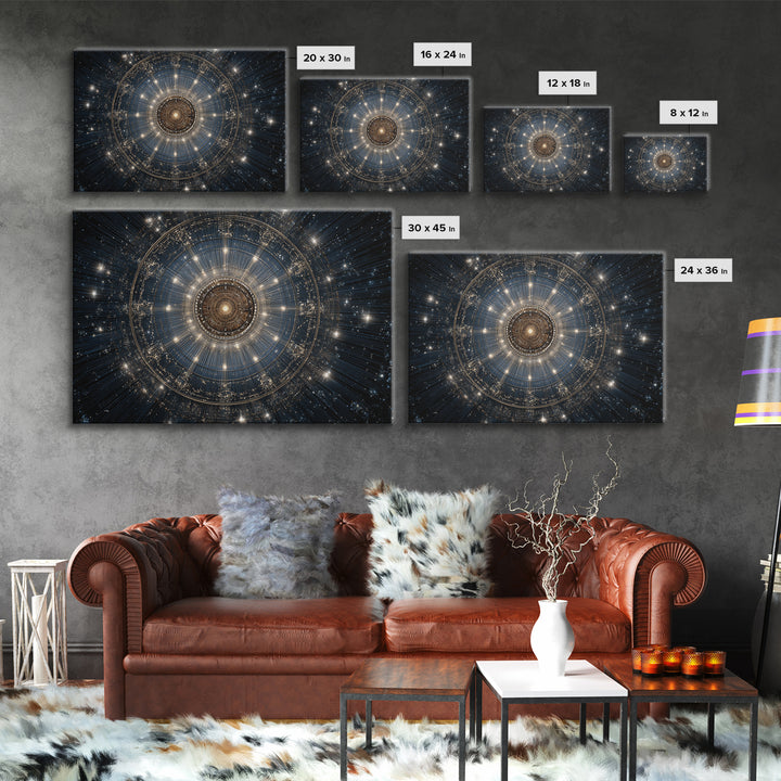Golden Celestial Mechanical Mandala Wall Art, Cosmic Geometric Art Print, Modern Abstract Space Decor, Statement Poster Gift