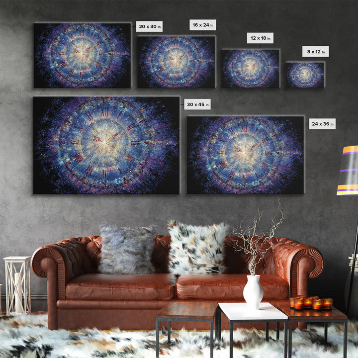 Exploding Cosmic Clock With Roman Numerals Canvas Print, Blue Space Abstract Art, Modern Wall Art, Celestial Time Decor Poster