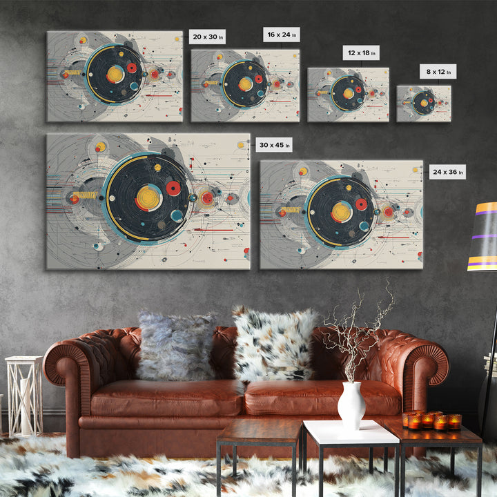 Retro Futuristic Orbital Circles Framed Canvas Print, Midcentury Modern Abstract Art, Geometric Wall Art, MCM Decor, Living Room Art