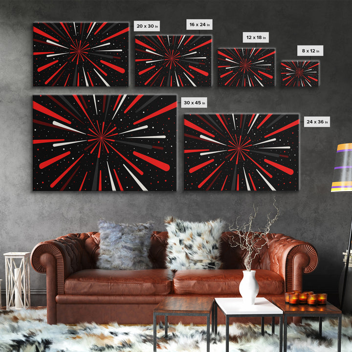 Red Warp Speed Starburst Canvas Print, Sci Fi Wall Art, Retro Wall Decor, Modern Abstract Art, Black Space Poster Gift For Him